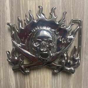 Silver Skull and Crossbones Belt Buckle bottle opener vintage 2000s big buckle